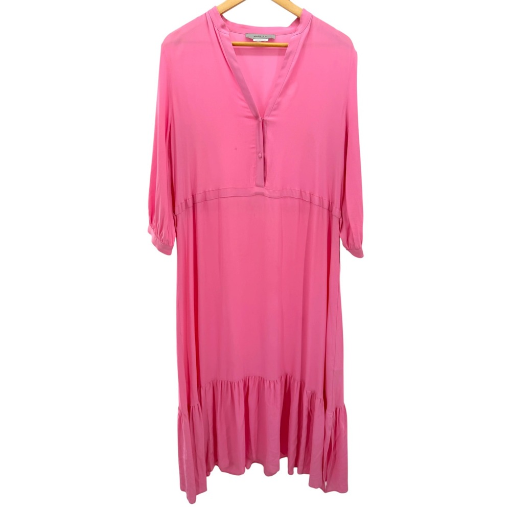 Marella Pink Silk Blend Long Sleeve Popover Pleated Midi Dress Size US 8 Flawed